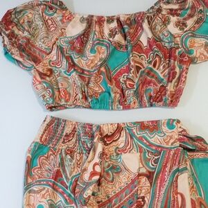 Boho Paisley Two Piece Off-Shoulder Crop Top & Pants Set XXL